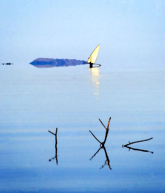 boat and three reflected sticks